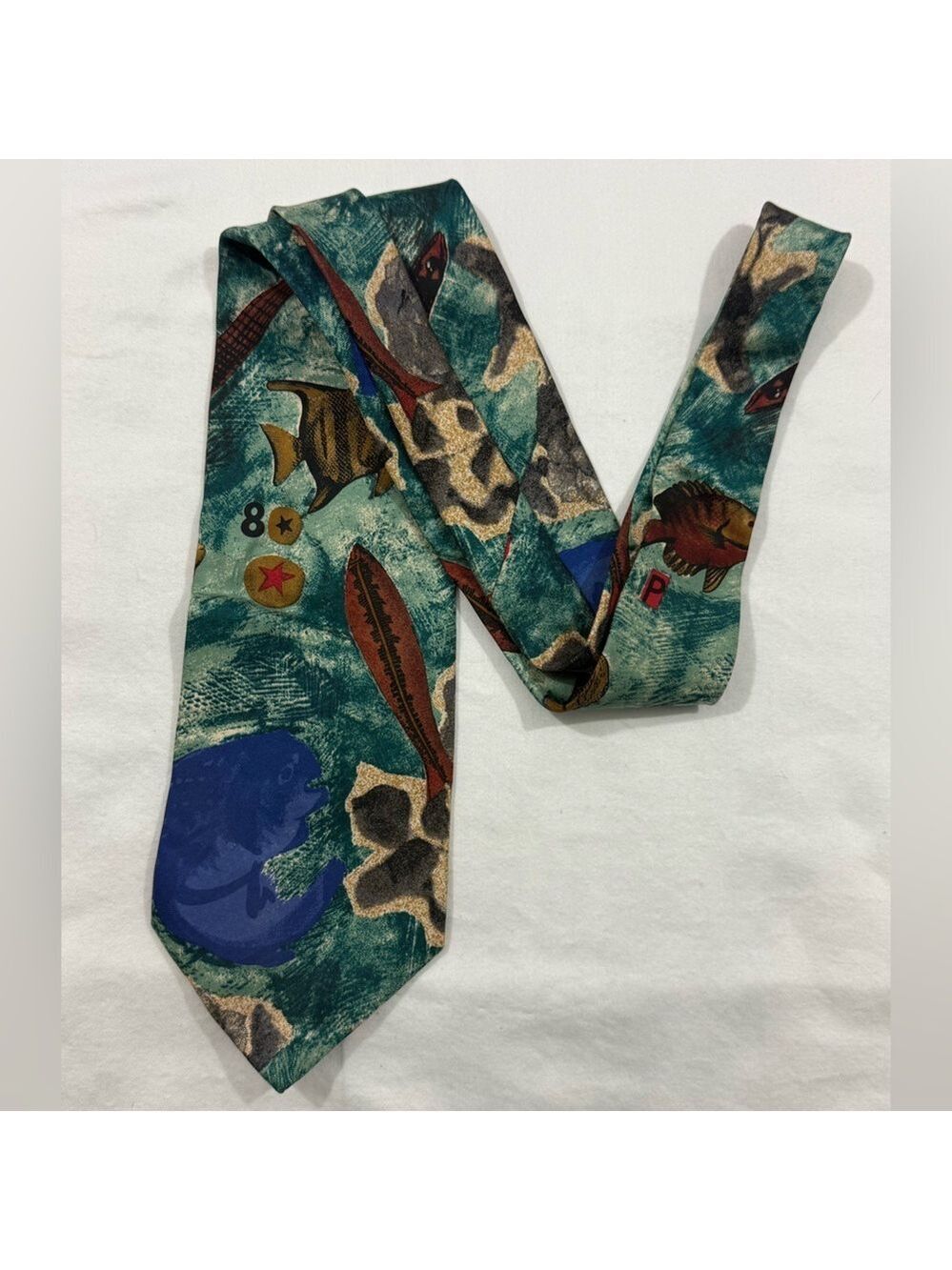 Vintage Fish Print Silk Tie Ocean Fishing Angler Novelty Mens Necktie USA Gift